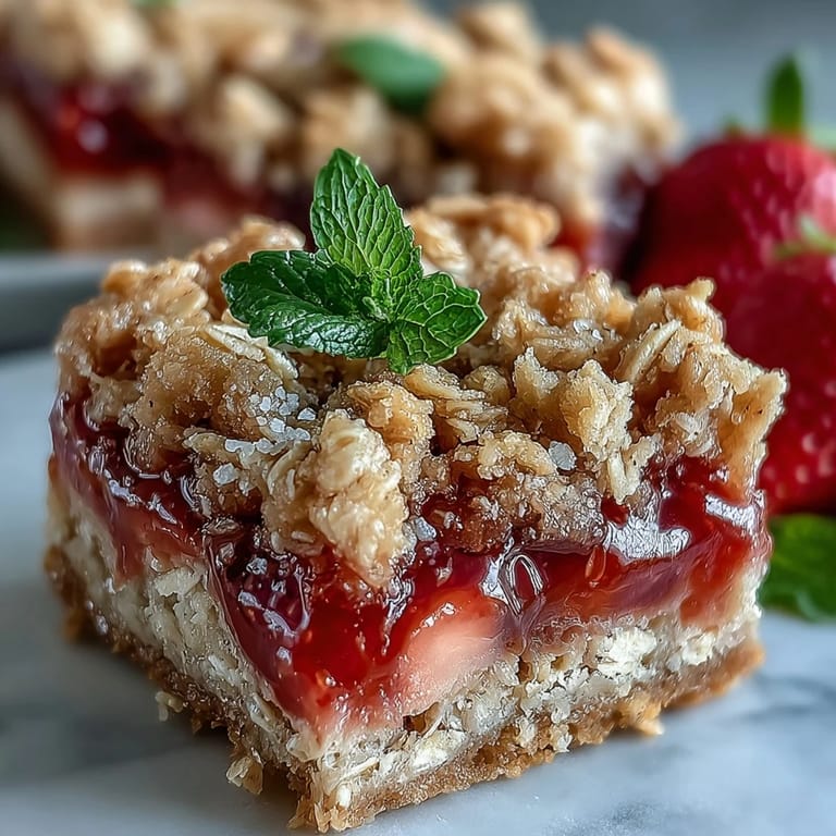 Homemade Strawberry Rhubarb Crumble Bars with bubbling fruit center and crisp oat topping, ideal for summer dessert spreads.