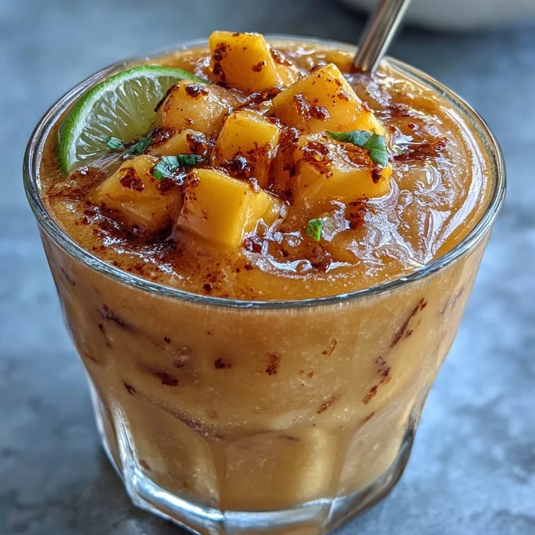 Refreshing alcohol-free mangonada cup featuring blended mango slush, spicy chamoy drizzle, and fresh mango chunks for a bold Mexican drink.