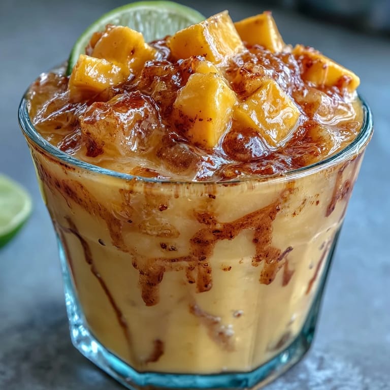 Frozen mango beverage with chili-lime Tajín rim, tangy chamoy swirls, and diced mango garnish—perfect for a vegan Cinco de Mayo celebration.