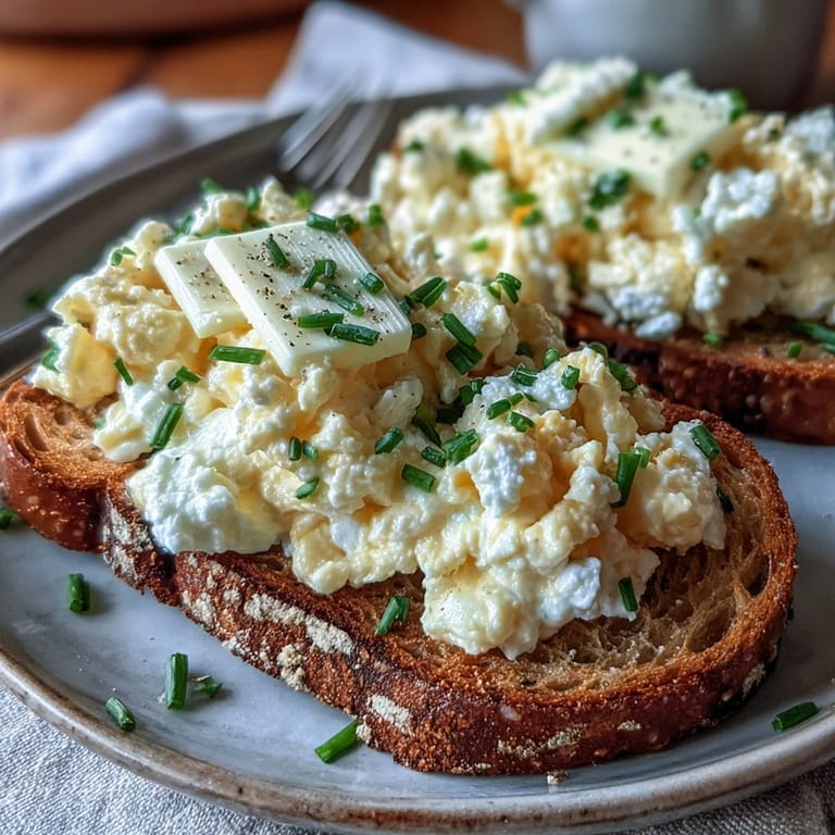 Golden eggs and cottage cheese scrambled to soft perfection, topped with fresh chives.  