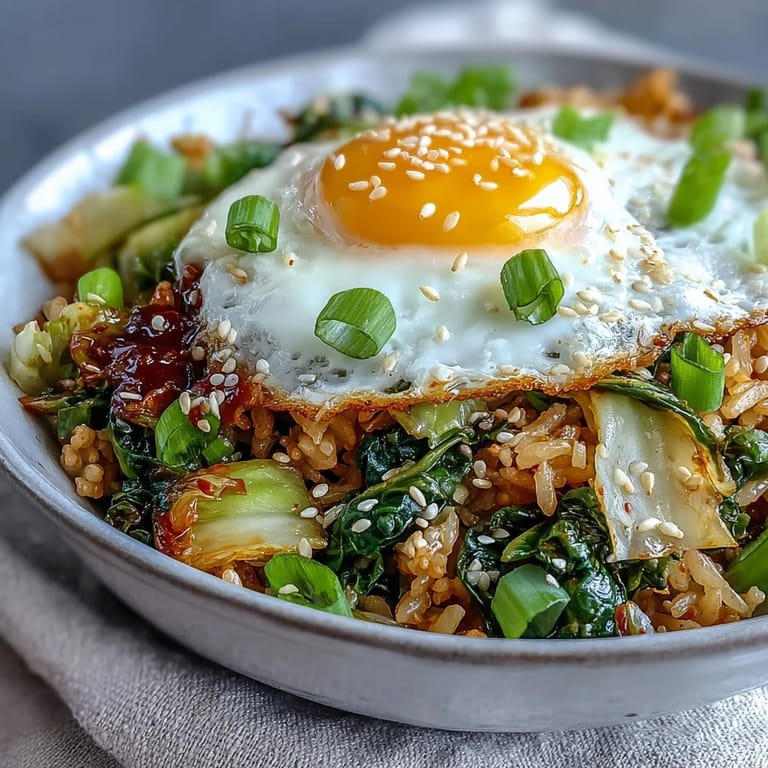 Spicy and tangy kimchi fried rice featuring crisp cabbage and carrots, topped with a perfectly runny egg for a satisfying meal.  