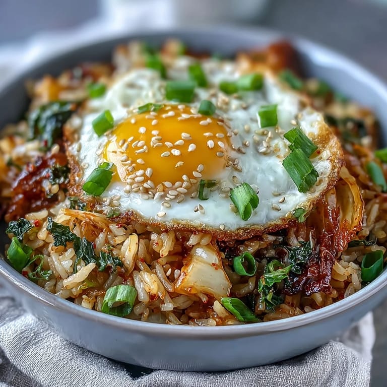 Savory kimchi cabbage fried rice with a fried egg, garnished with sesame seeds and green onions, ready to serve.