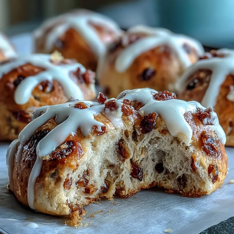 Fluffy, spiced homemade hot cross buns with a glossy apricot glaze, studded with juicy raisins and marked with a traditional white cross.