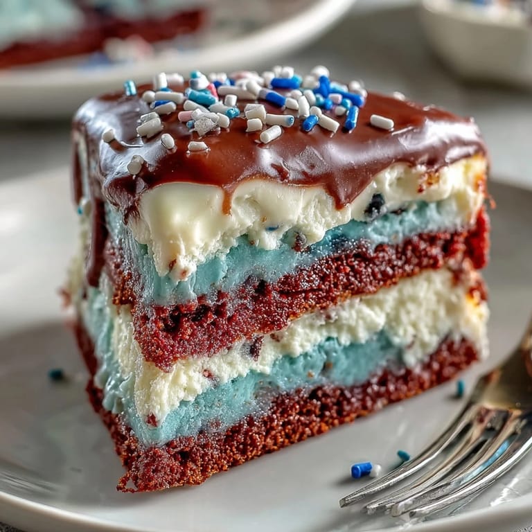 Moist Patriotic Poke Cake layered with bright gelatin and rich white chocolate ganache.