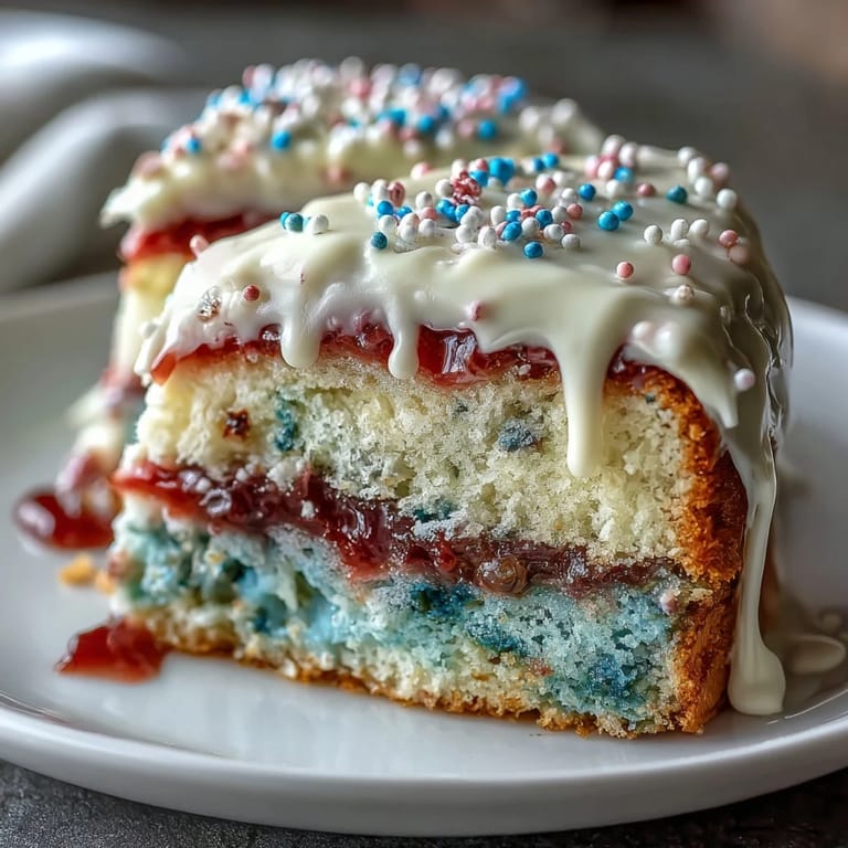 Festive Patriotic Poke Cake, a slice revealing colorful gelatin beneath smooth ganache.
