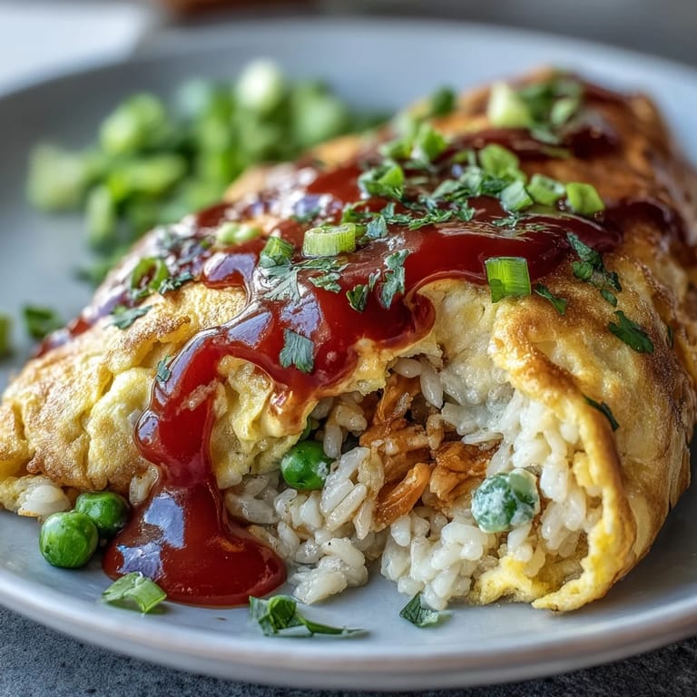 Beautifully plated Omurice, glistening with ketchup and fresh garnishes.