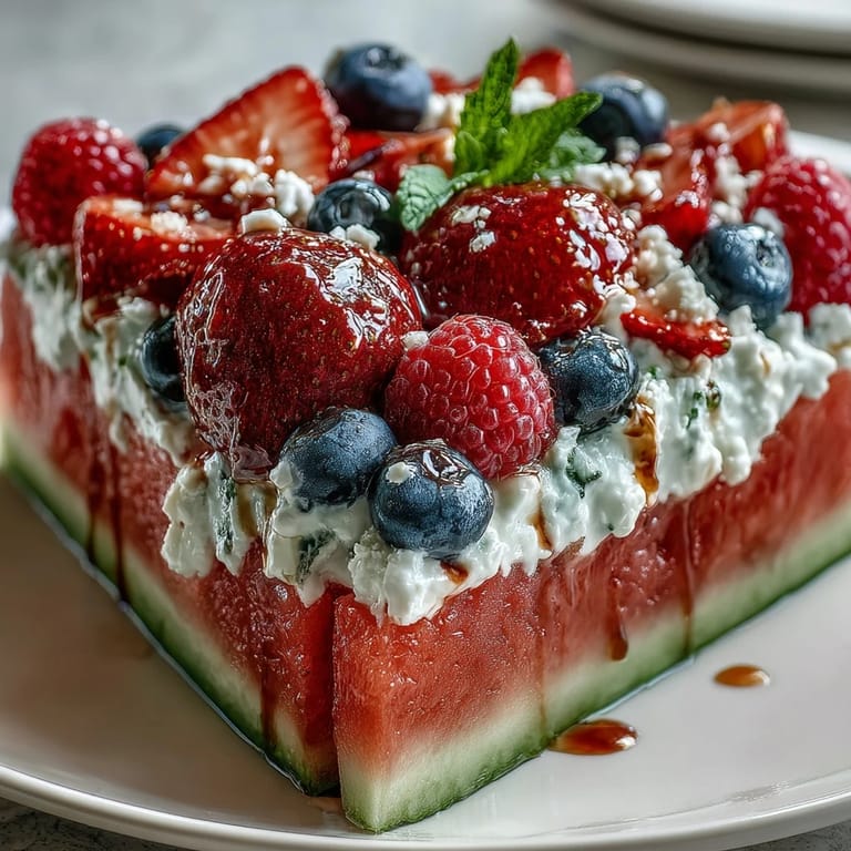 Vibrantly decorated 4th of July Watermelon Pizza, a delicious and easy summer treat.