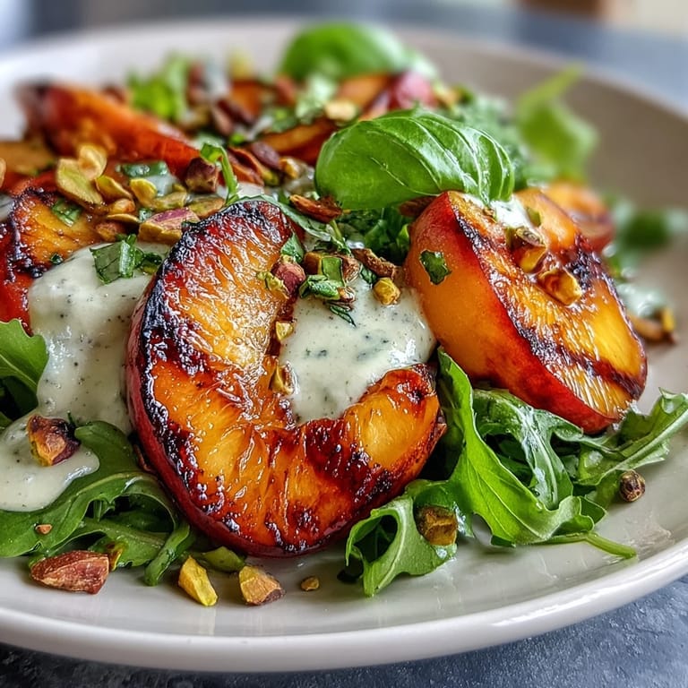Vibrant grilled peach and burrata salad, drizzled with honey balsamic dressing for freshness.