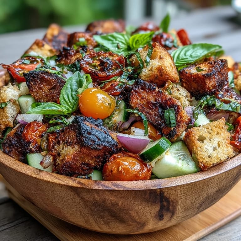 Bright Summer Panzanella salad with char-kissed bread, crisp cucumber, and tangy vinaigrette.
