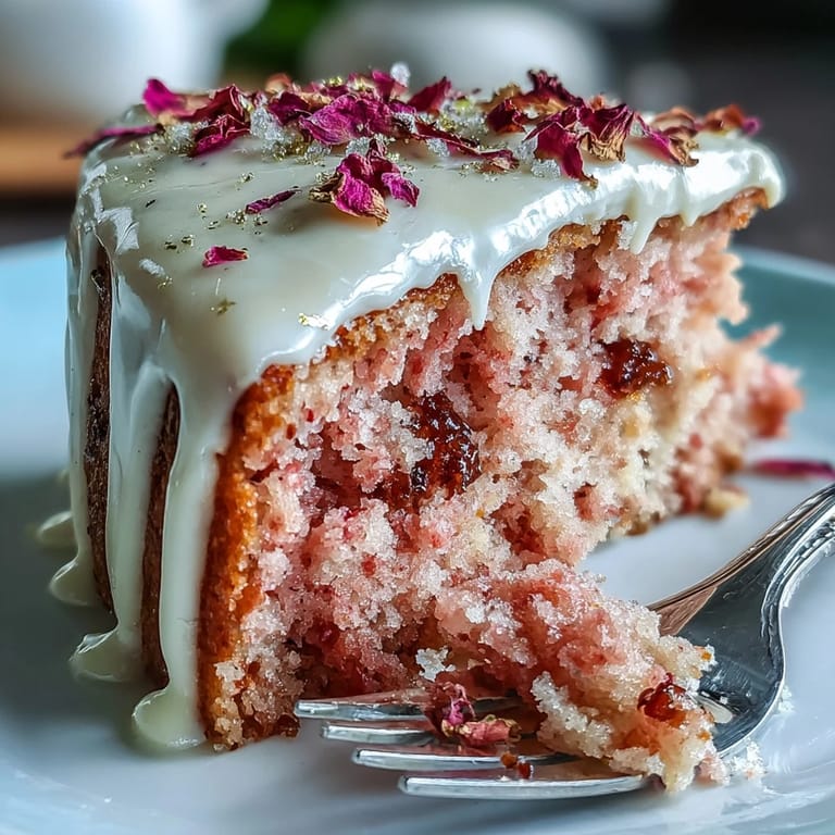 Close-up of a moist rosé velvet cake featuring a luxurious shimmering gold drip.