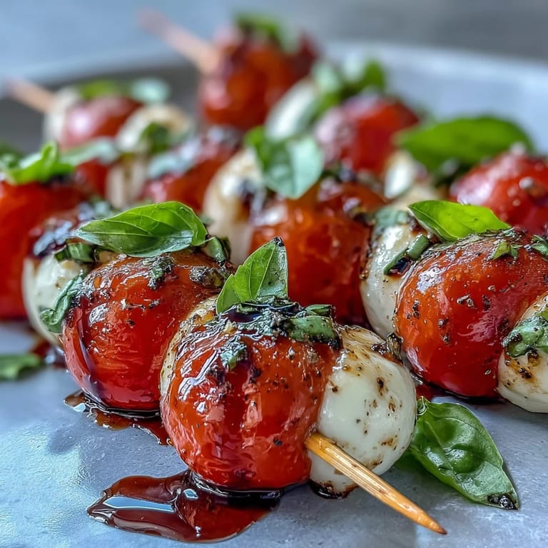 Juicy cherry tomatoes, creamy mozzarella, and basil make these mini Caprese skewers delightful.
