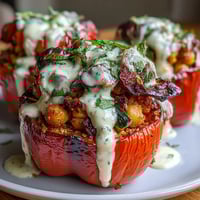 Vibrant vegan stuffed peppers filled with Mediterranean chickpea and quinoa, drizzled with creamy lemon tahini sauce. A colorful, healthy main dish for plant-based dinners.