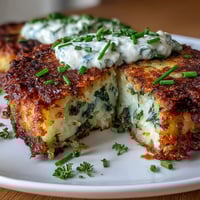 Golden smashed potato fritters sizzling in a hot skillet, crispy on the outside with fresh herbs and a hint of garlic.  