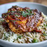 Aromatic Portuguese chicken and rice with golden seared thighs, vibrant veggies, and fluffy basmati in a one-pot feast.  