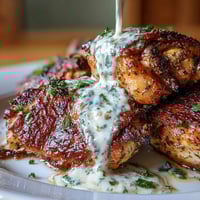 Golden roasted zaatar chicken thighs drizzled with creamy tahini-garlic sauce and fresh parsley.  