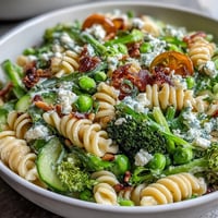 Spring Garden Pasta Salad with Broccoli and Peas - a colorful mix of fresh veggies and al dente pasta in a bright lemon-herb dressing, topped with feta and pine nuts.