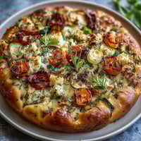 Vibrant Baby in Bloom Herb Focaccia topped with flower-shaped vegetables and fresh herbs for a stunning garden-inspired bread.
