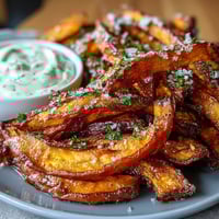 Crispy air fryer sweet potato fries served with creamy garlic aioli for dipping.  