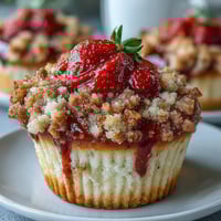 Fluffy strawberry muffins topped with golden buttery crumble and juicy fruit pieces.  