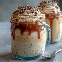 Vanilla Bean Frappuccino Overnight Oats Dessert Jar with creamy coffee layers and whipped cream topping