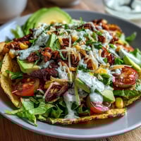Healthy Easy Taco Salad Bowls with Greek Yogurt Ranch served in crispy whole wheat tortilla bowls, topped with seasoned turkey, fresh vegetables, and creamy dressing.