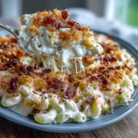 Soul food baked mac and cheese with a crunchy golden topping, bubbling and inviting from the oven.  