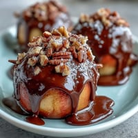 Crisp candy apple slices with caramel and dark chocolate drizzle on a serving tray.