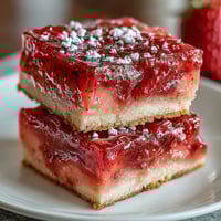 Vibrant strawberry lemonade bars with buttery shortbread crust, dusted with powdered sugar for a refreshing summer dessert.