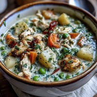 Creamy Slow Cooker Chicken Pot Pie Soup with tender chicken and hearty vegetables in a savory broth, served in a white bowl with a flaky biscuit on the side.