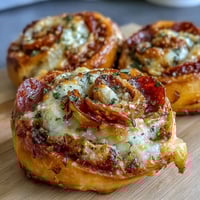 Golden, flaky pizza pinwheels stuffed with zesty marinara, melted mozzarella, and pepperoni—perfect for snacking or parties.