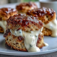 Warm, golden scones sweetened with floral dandelion honey, served with a generous dollop of rich clotted cream for a classic British treat.