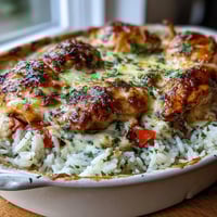 Golden bubbling mozzarella and Parmesan top the Creamy Garlic Chicken & Rice Casserole, fresh from the oven.