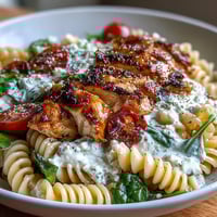 High protein pasta bowl with grilled chicken, cottage cheese, and spinach for a nourishing meal.  
