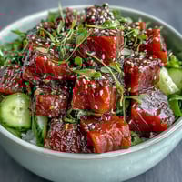 Fresh spring tuna poke bowl with tender marinated tuna, crisp radish, and cool cucumber, served over seasoned sushi rice and topped with avocado and ponzu sauce.