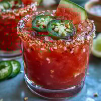 Vibrant watermelon jalapeño margarita mocktail with fresh lime and chili-salt rim, perfect for festive celebrations.