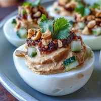 Thai Peanut Deviled Eggs with Cucumber Relish: creamy, spicy deviled eggs with peanut sauce, topped with a fresh cucumber relish for a vibrant appetizer.