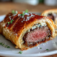 Individual Beef Wellington with golden puff pastry, tender beef filet, and savory mushroom duxelles on a rustic wooden board.