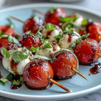 Mini Caprese skewers burst with fresh tomatoes, mozzarella, basil, and balsamic glaze.